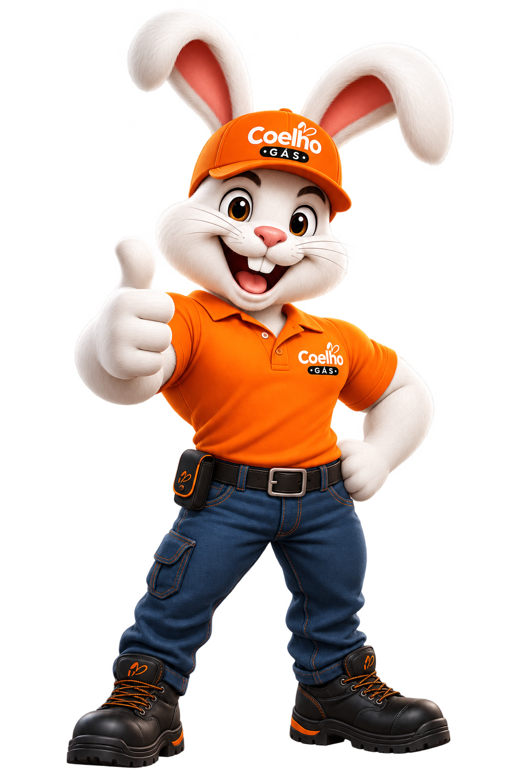 Mascote da Coelho Gás, coelho branco com uniforme laranja